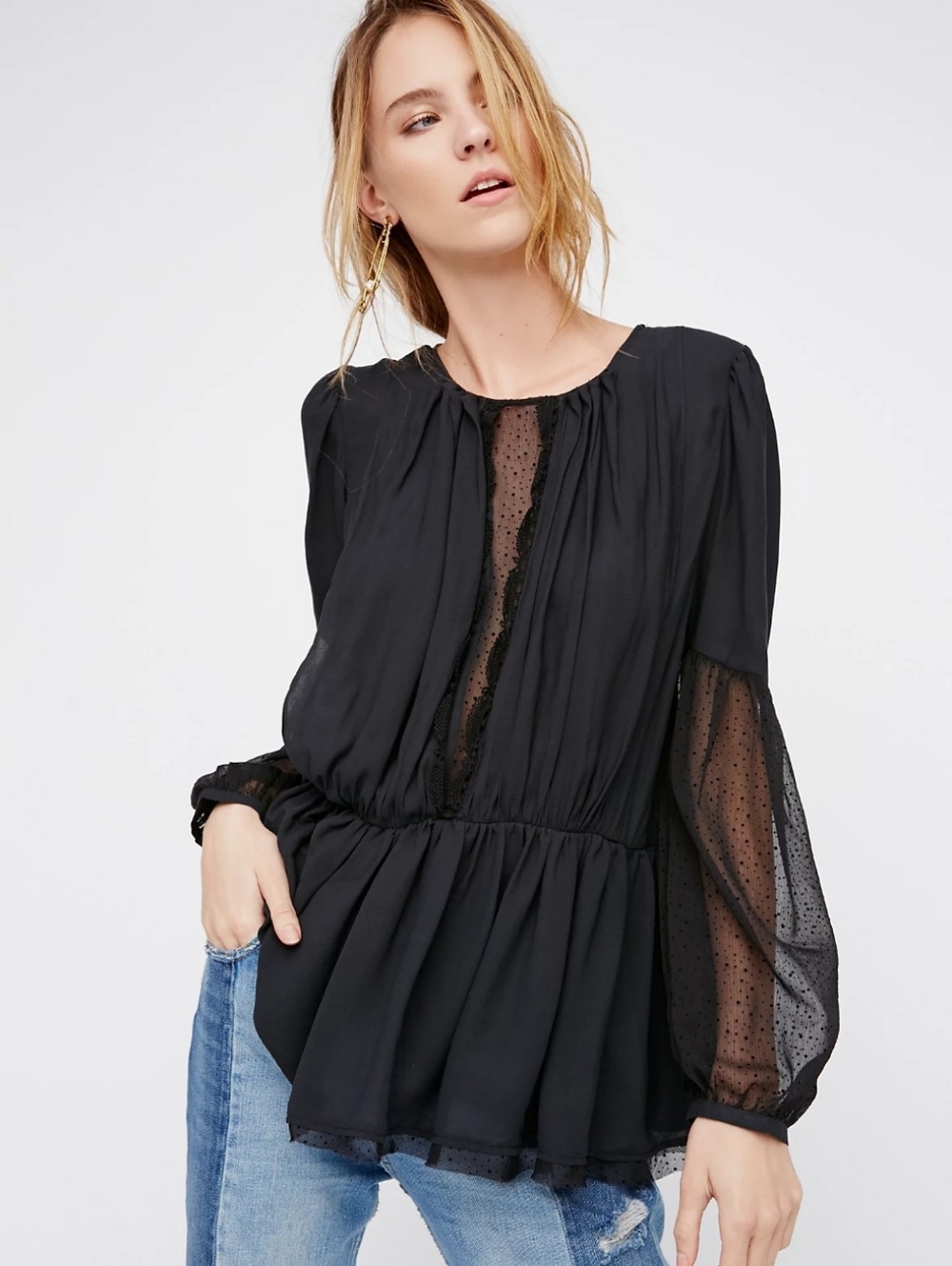 Free People Soul Serene Top Black Size SMALL Romantic Victorian Sheer Lace